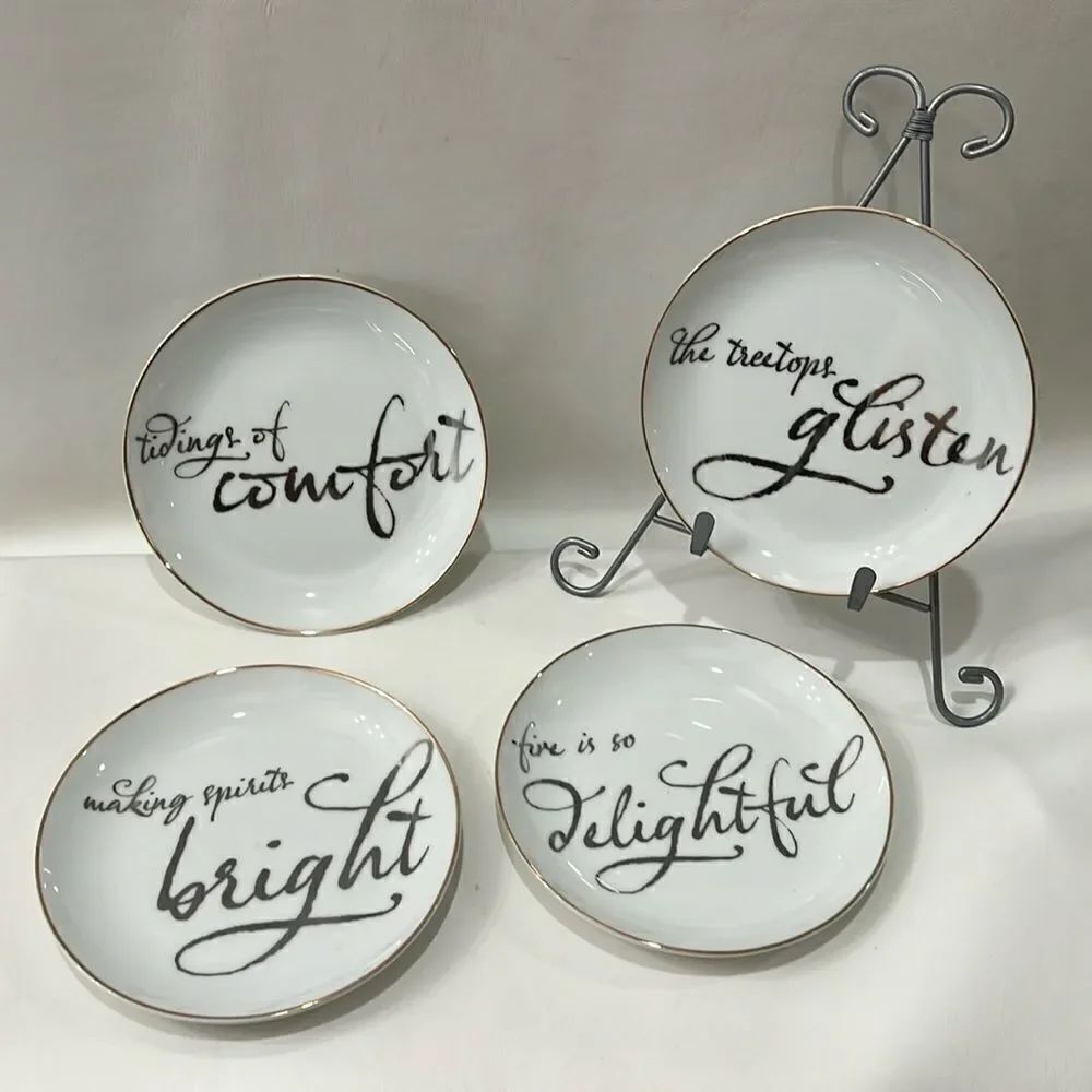 Target Threshold Christmas Appetizer Plates Set 4 White Gold Trim 6 1/2 In Round